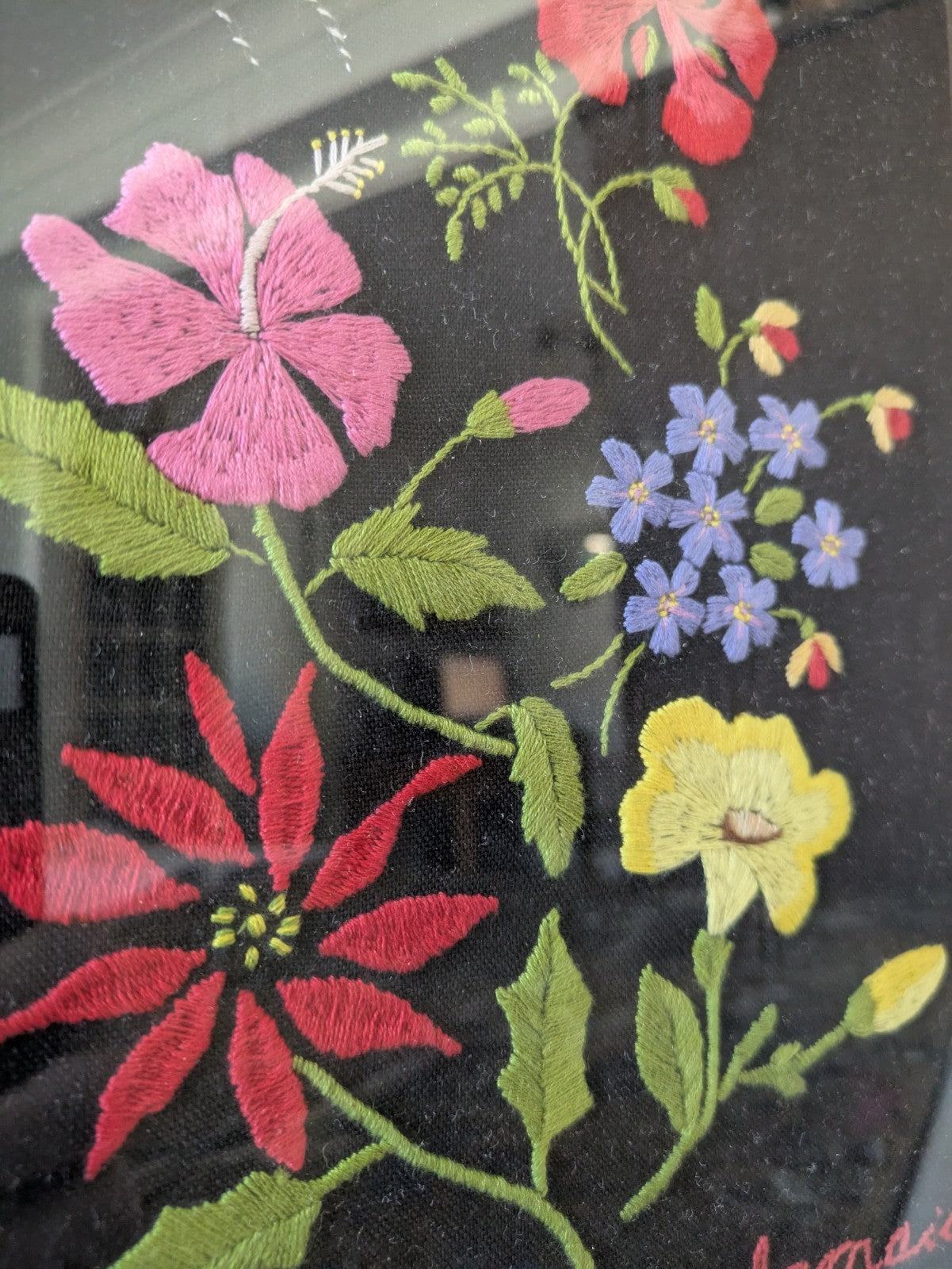 Vintage 1970s MC Jamaica Flowers Retro  Art Black Needlepoint Floral Embroidery