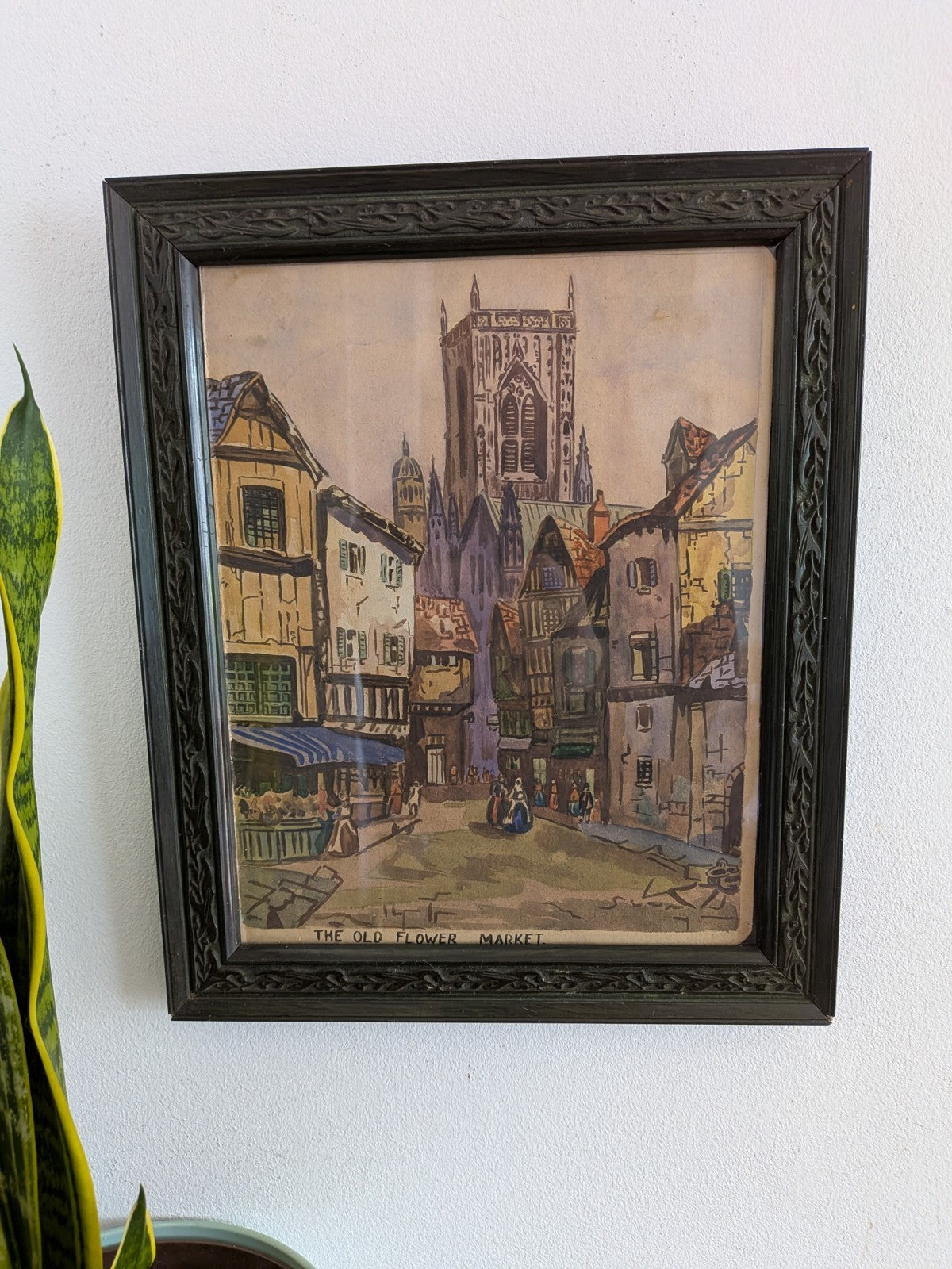 Antique Artist Signed Watercolour Old Flower Market Ornate Frame Green Original 