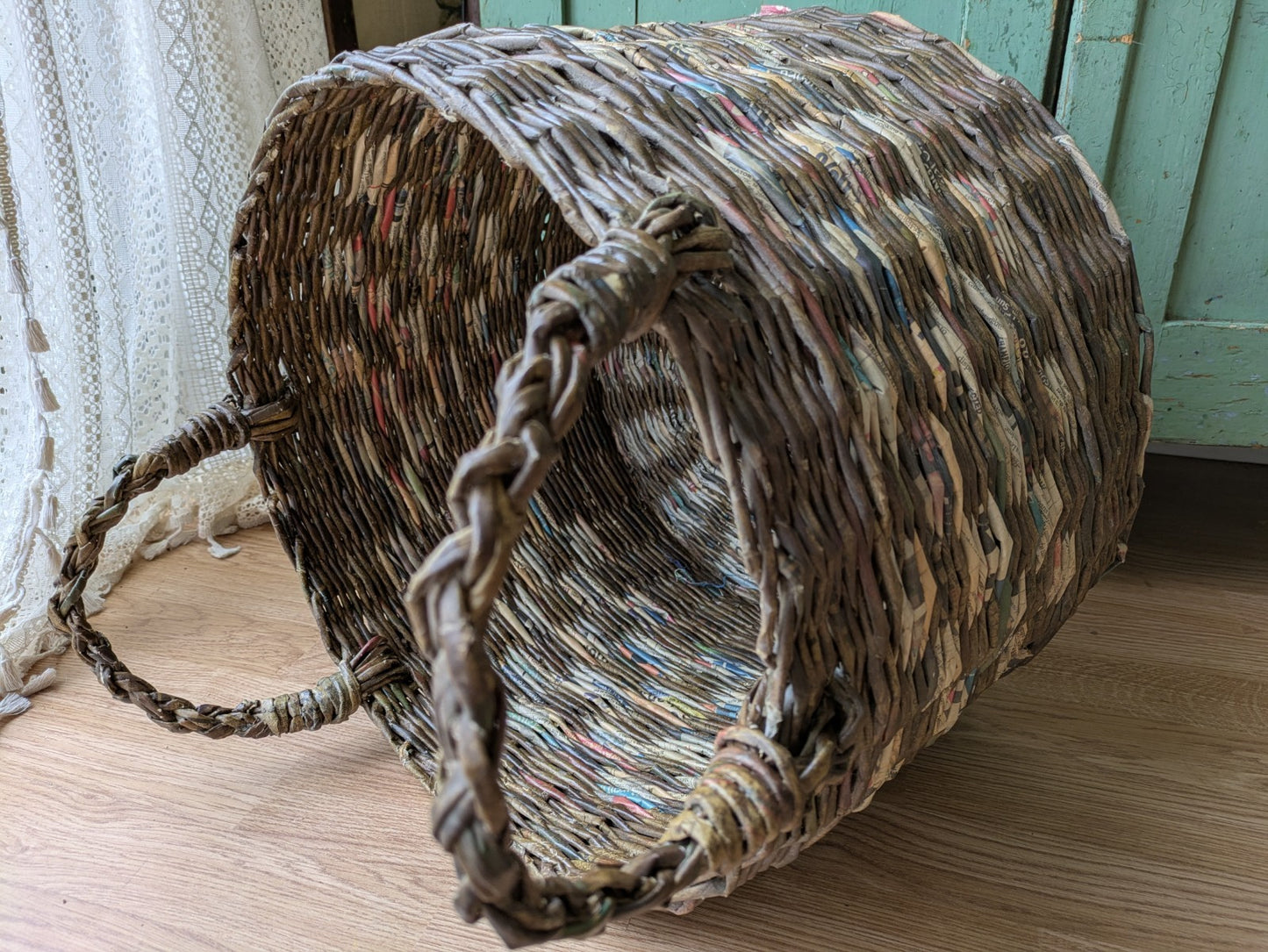 Basket Recycled Newspaper Hand Woven High Sturdy Large Handles Log Laundry Round