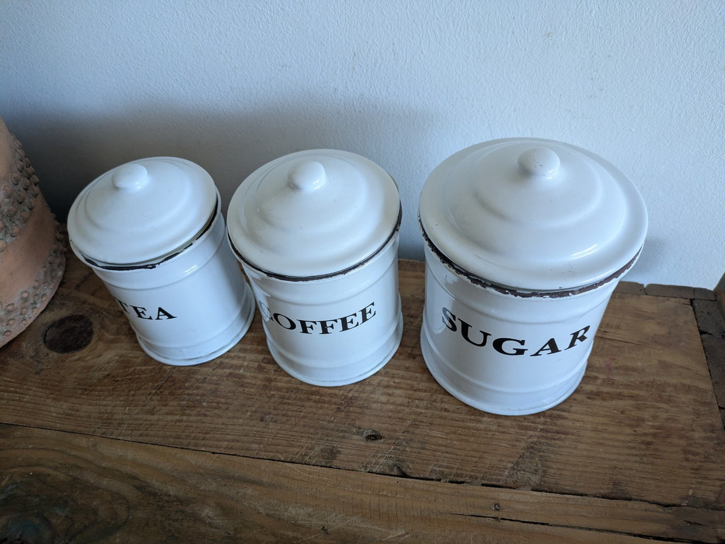 Vintage White Enamel Canisters Set Metal Tins Jars Antique Vgc Shabby Chic Clean
