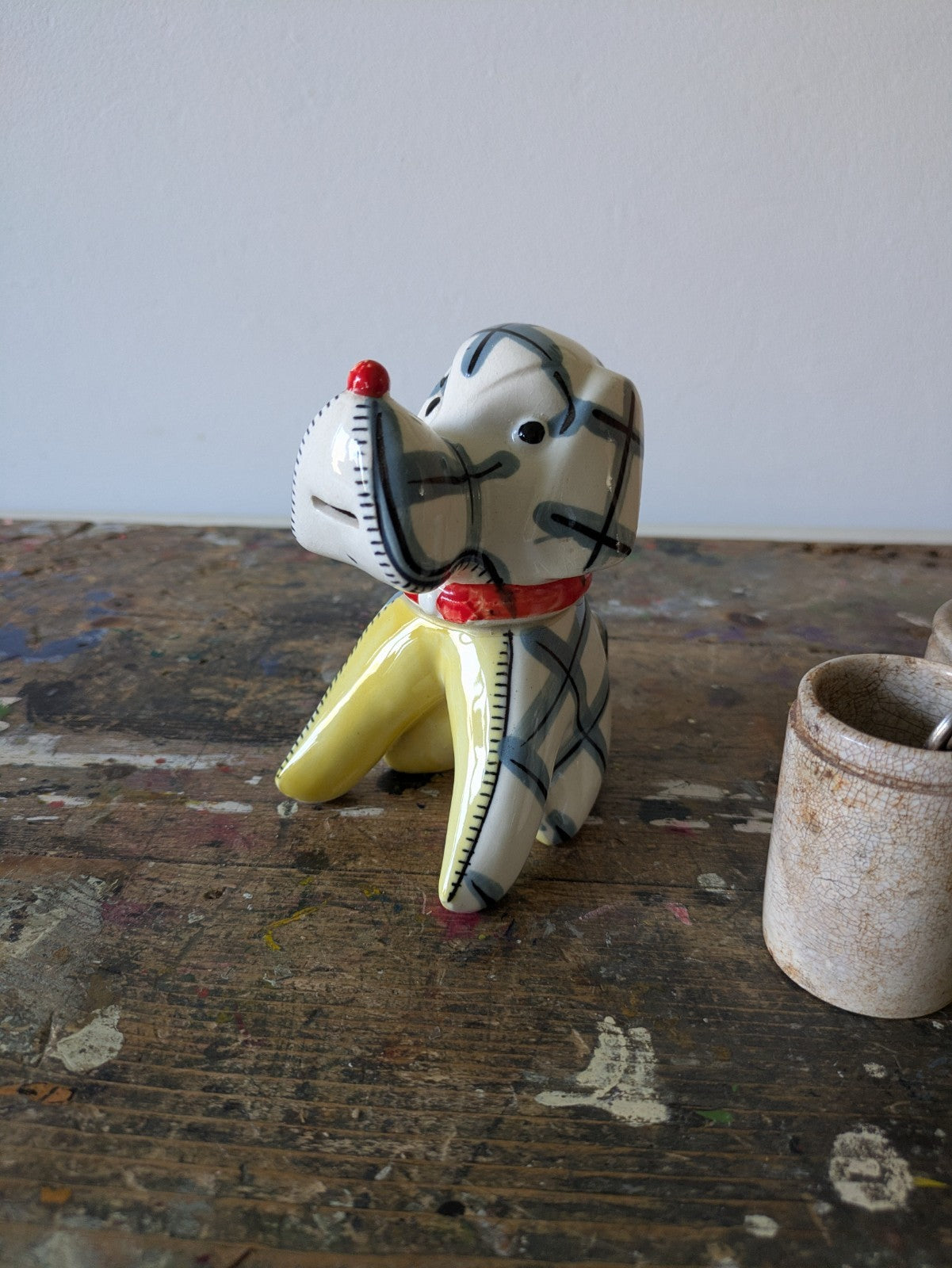 Vintage Kitsch Ceramic Novelty Dog Tape Measure Plaid Design Blue Retro 1950s!!