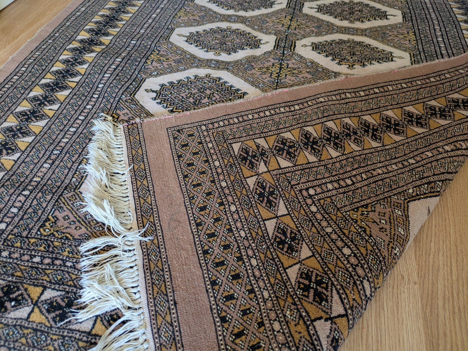 Cream Bokhara Hand Knotted Oriental Wool Afghan Turkmen Area Rug Gul Motif  Vgc