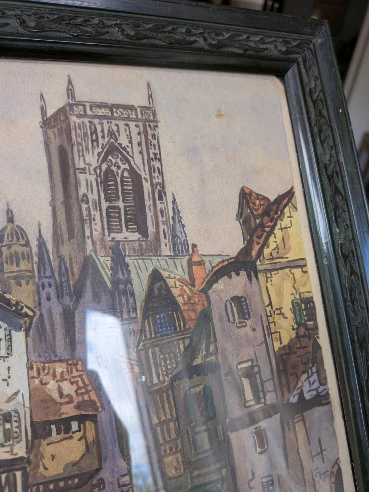 Antique Artist Signed Watercolour Old Flower Market Ornate Frame Green Original 