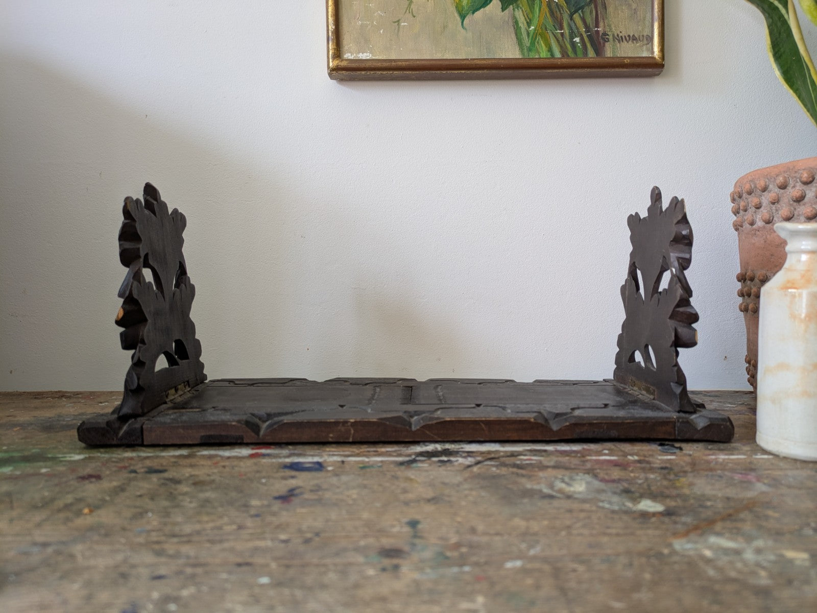 ANTIQUE VTG RARE SWISS BLACK FOREST CARVED WOOD FOLDABLE SLIDING BOOK STAND RACK