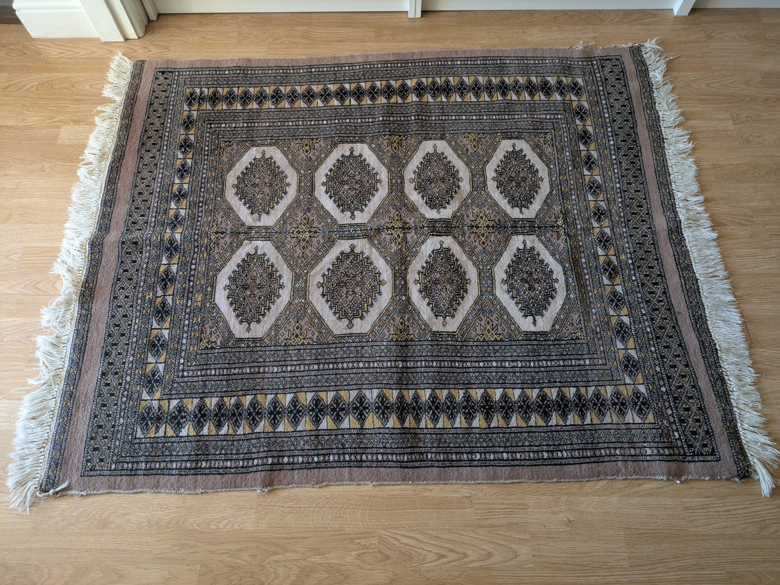 Cream Bokhara Hand Knotted Oriental Wool Afghan Turkmen Area Rug Gul Motif  Vgc
