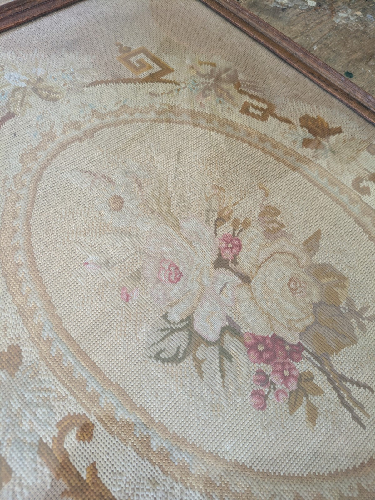 Antique French Needle Point Aubusson Floral Rose Rare Tapestry Framed Original 