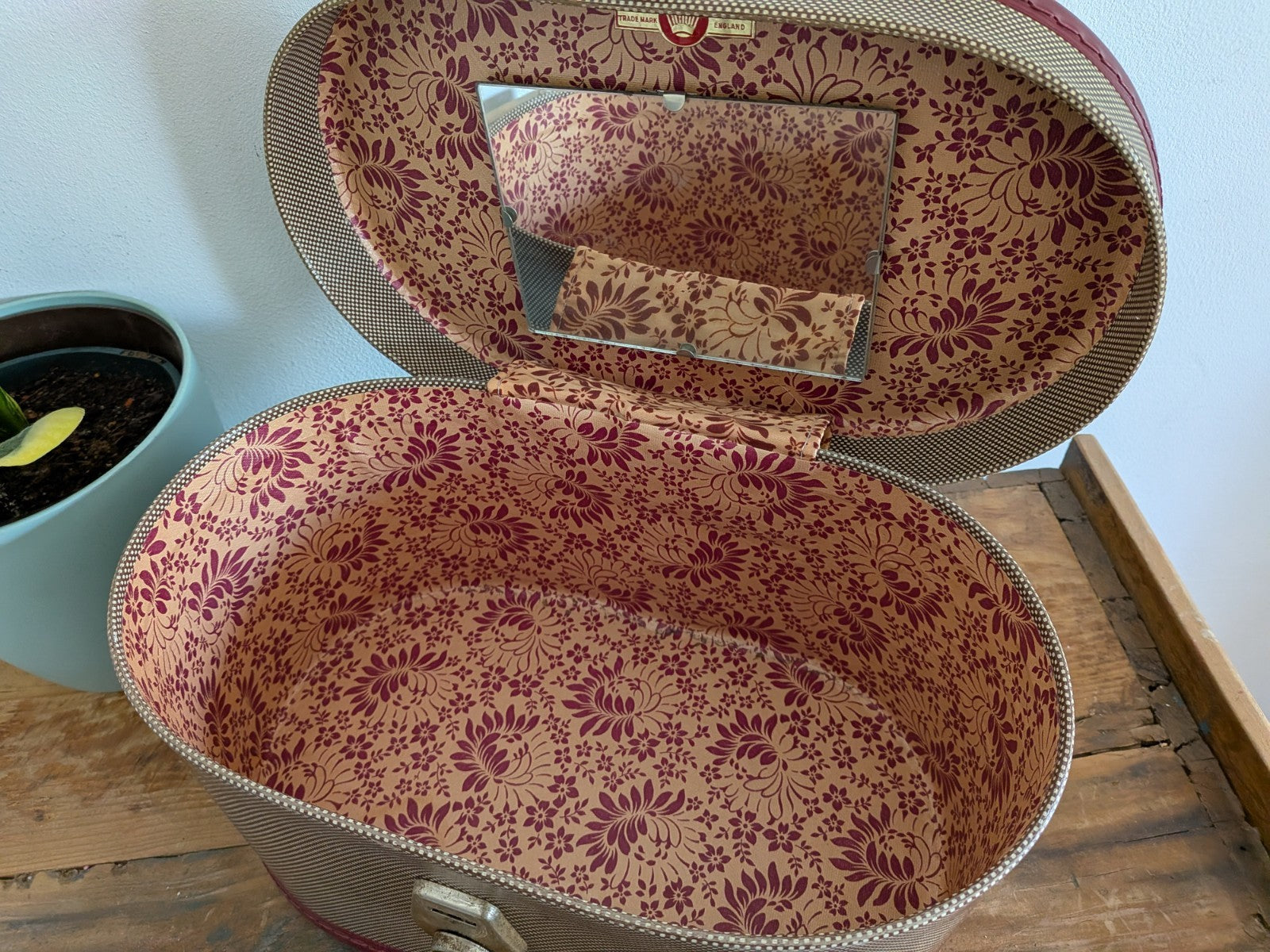 Vintage Cheney Vanity Case Child's Suitcase Luggage Prop Maroon Two-tone TV Film