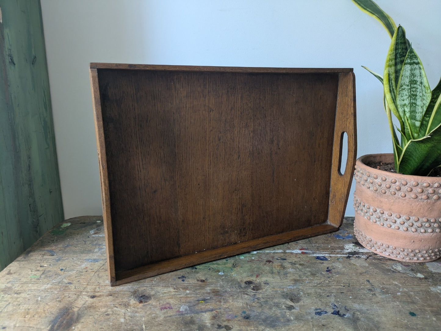 Vintage Antique Oak Wood Butlers Serving Tray with Handles Inset Prop Tea Dinner