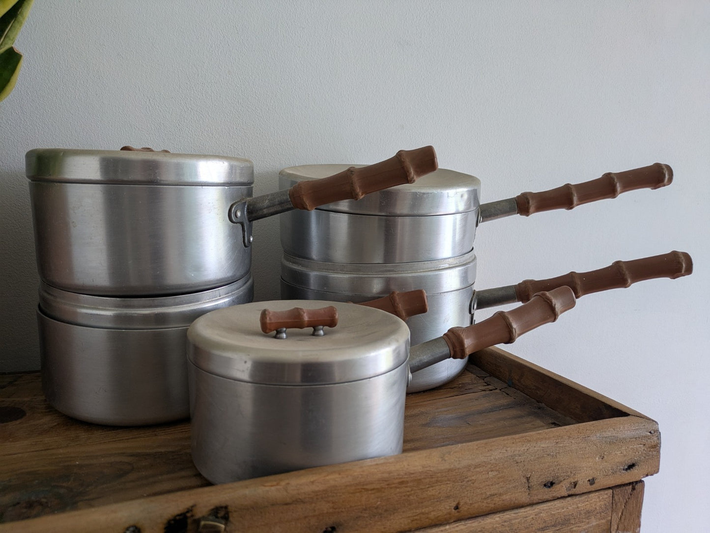 Vtg Retro Bamboo Mirro Ware Stainless Steel Aluminium Cooking Pots Sauce Pan Fry