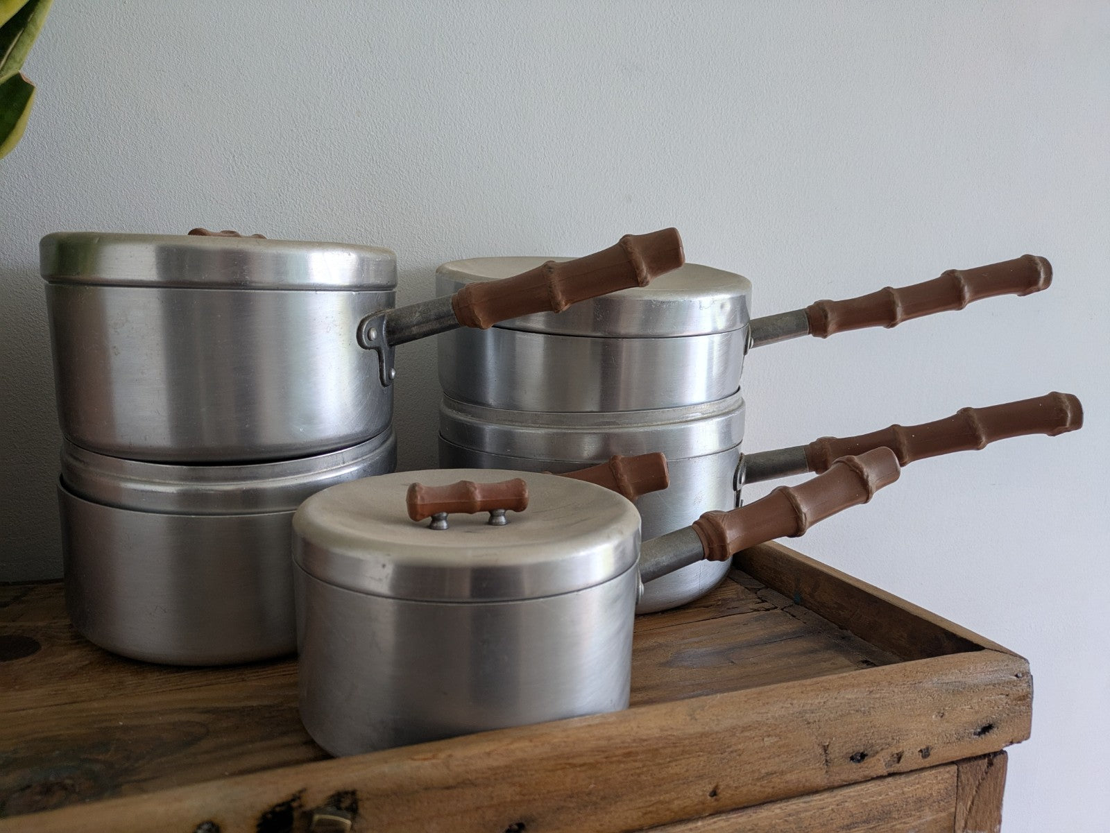Vtg Retro Bamboo Mirro Ware Stainless Steel Aluminium Cooking Pots Sauce Pan Fry