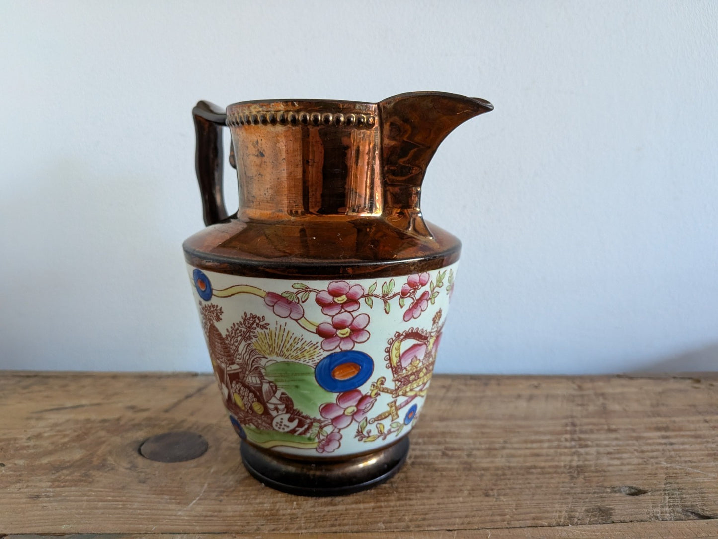 Antique Pottery Pearlware Transfer Copper Lustre Jug 1825 Vintage Large English 