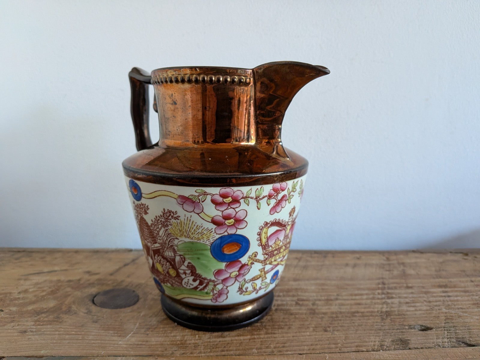 Antique Pottery Pearlware Transfer Copper Lustre Jug 1825 Vintage Large English 