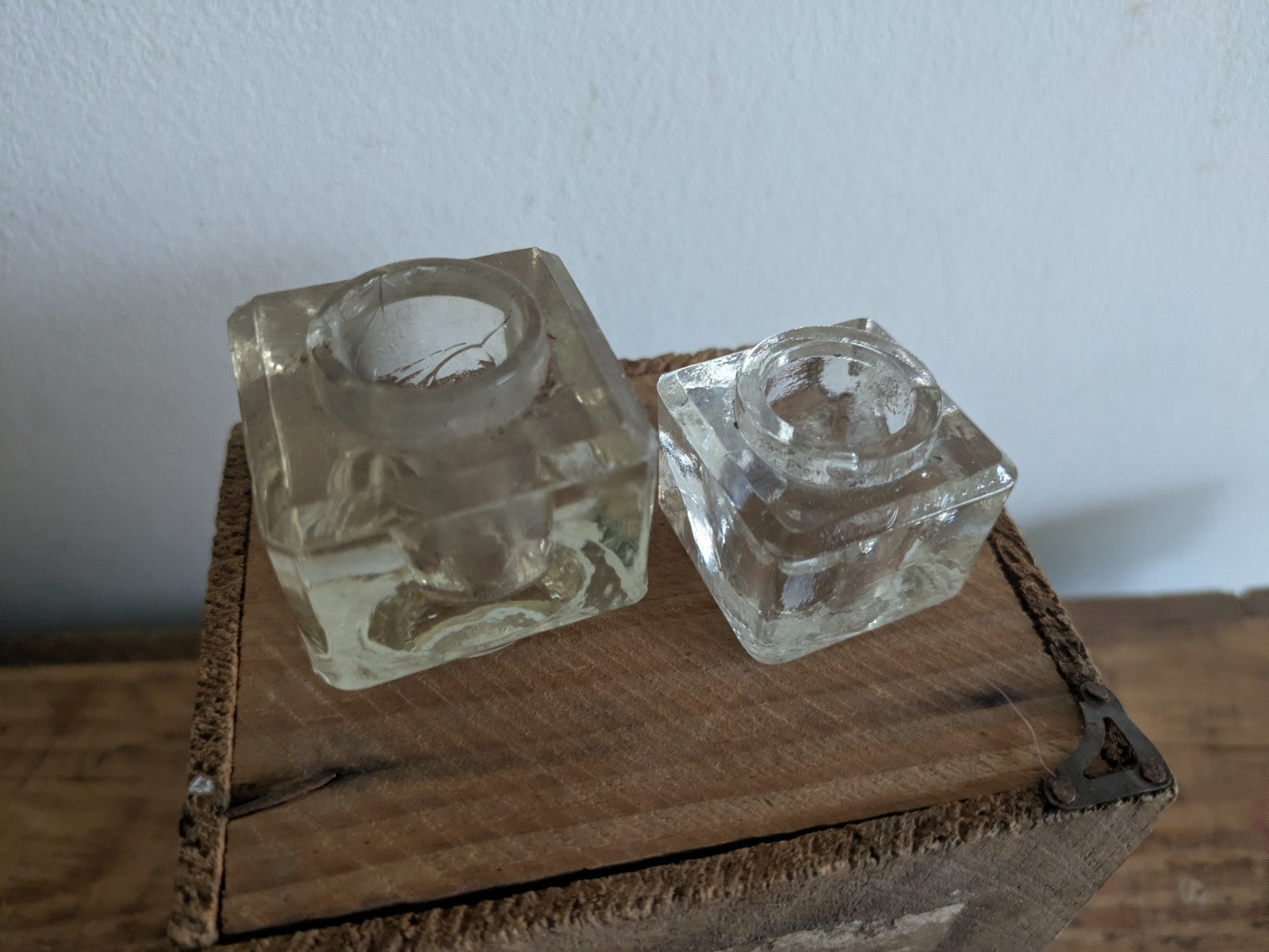 2x Antique Glass Ink Well Desk Study Display C.1900 Prop Edwardian Cube Pair Old
