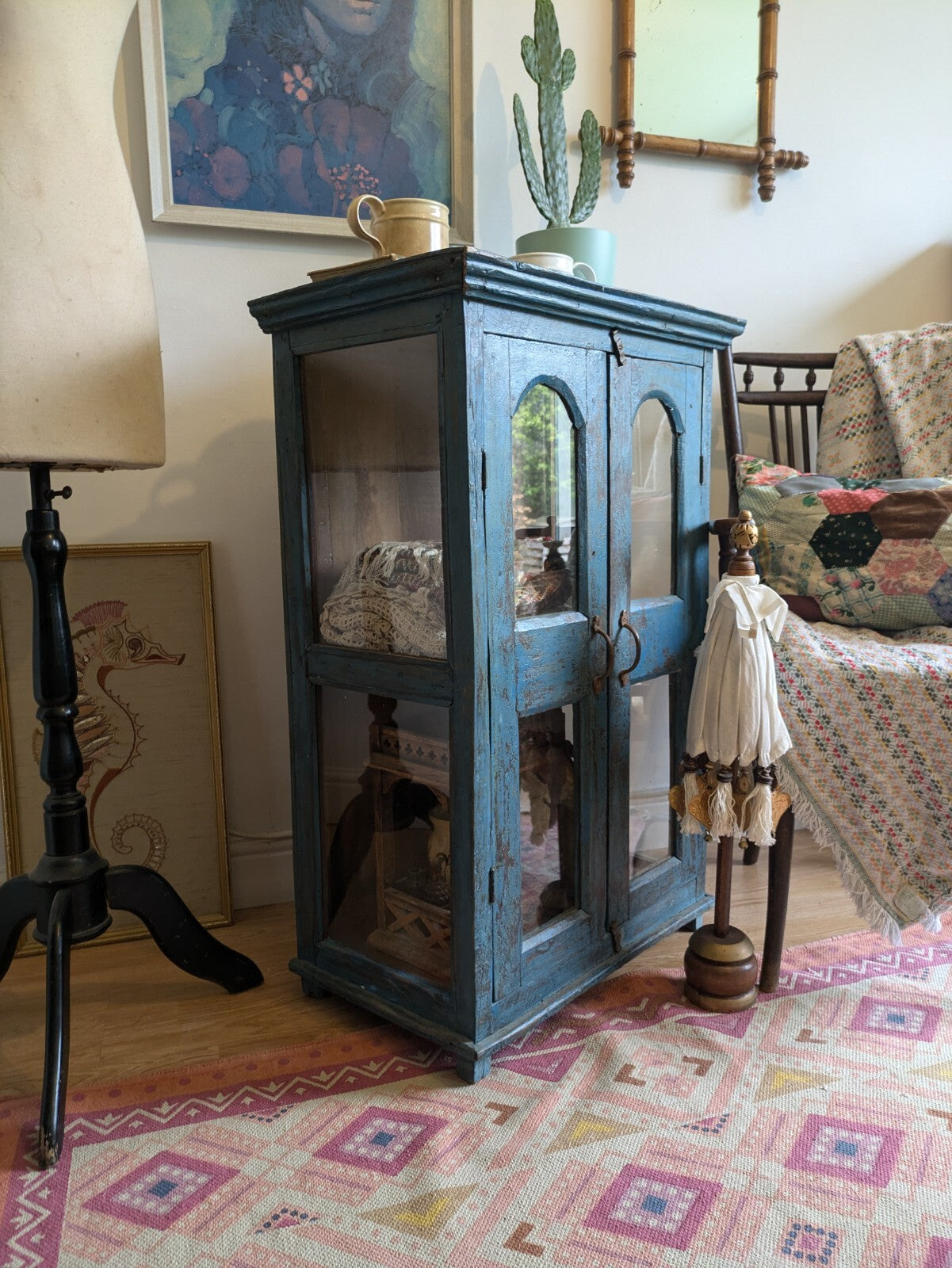 Restored Antique Vintage Indian Cabinet Cupboard Paint Glazed Reclaim Blue Arch