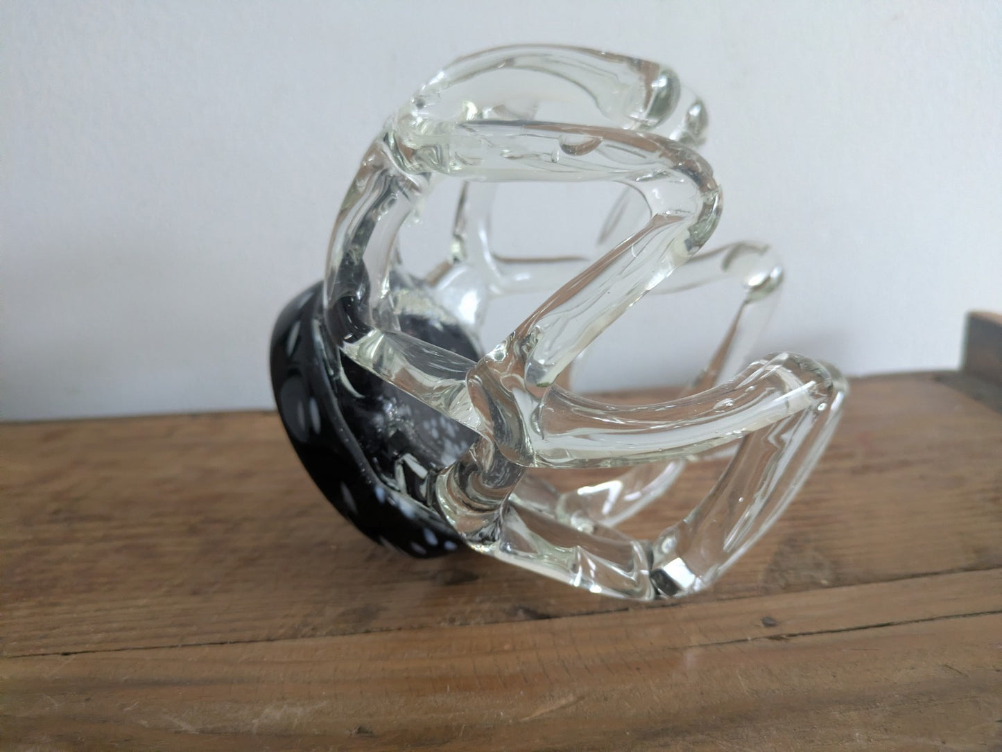Vintage Murano Style Lattice Webbed Vase Glass Black Clear Centrepiece Bowl Vgc