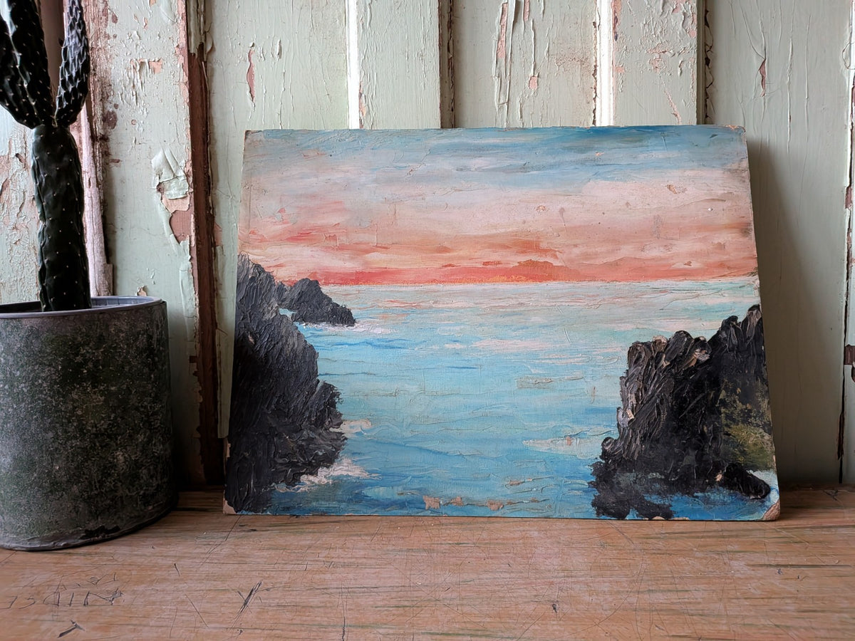 Vtg Painting Oil On Board Picture Landscape Seascape Sunset Sea Shore Rocks 