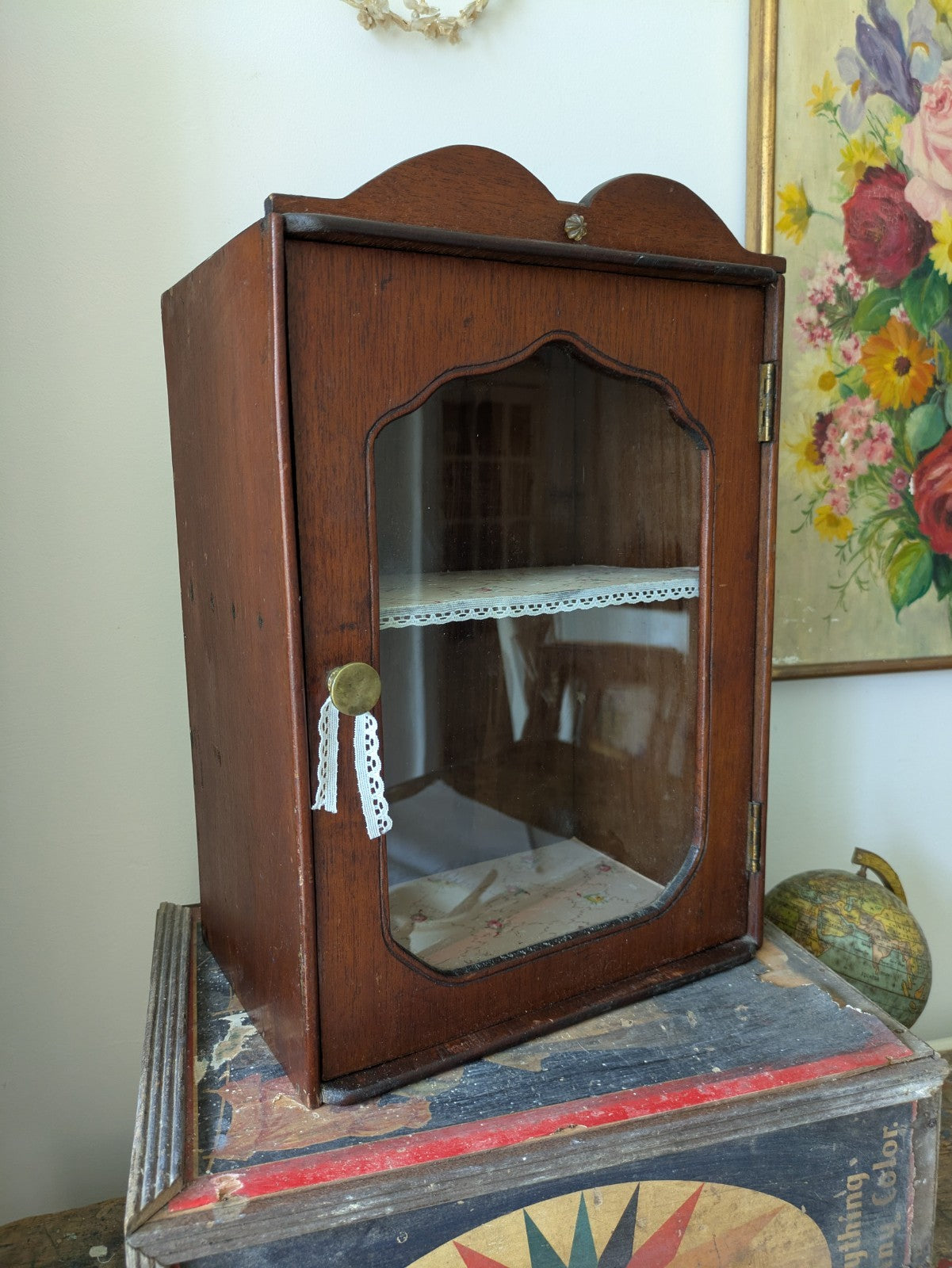 Antique Wooden Display Cabinet Shelves Vintage Wall Cupboard Bathroom Medicine 