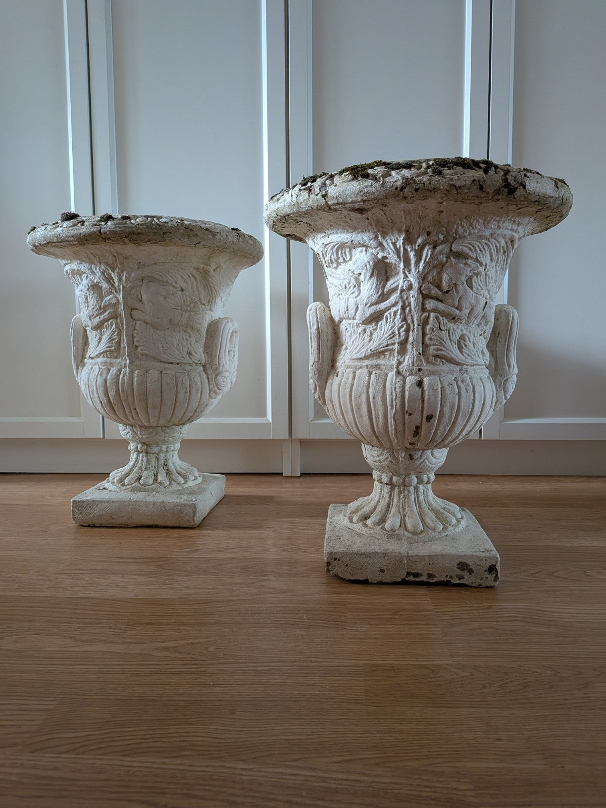 Pair Reclaimed Classical Medici Garden Urn Planter Cast Stone Handles Weathered