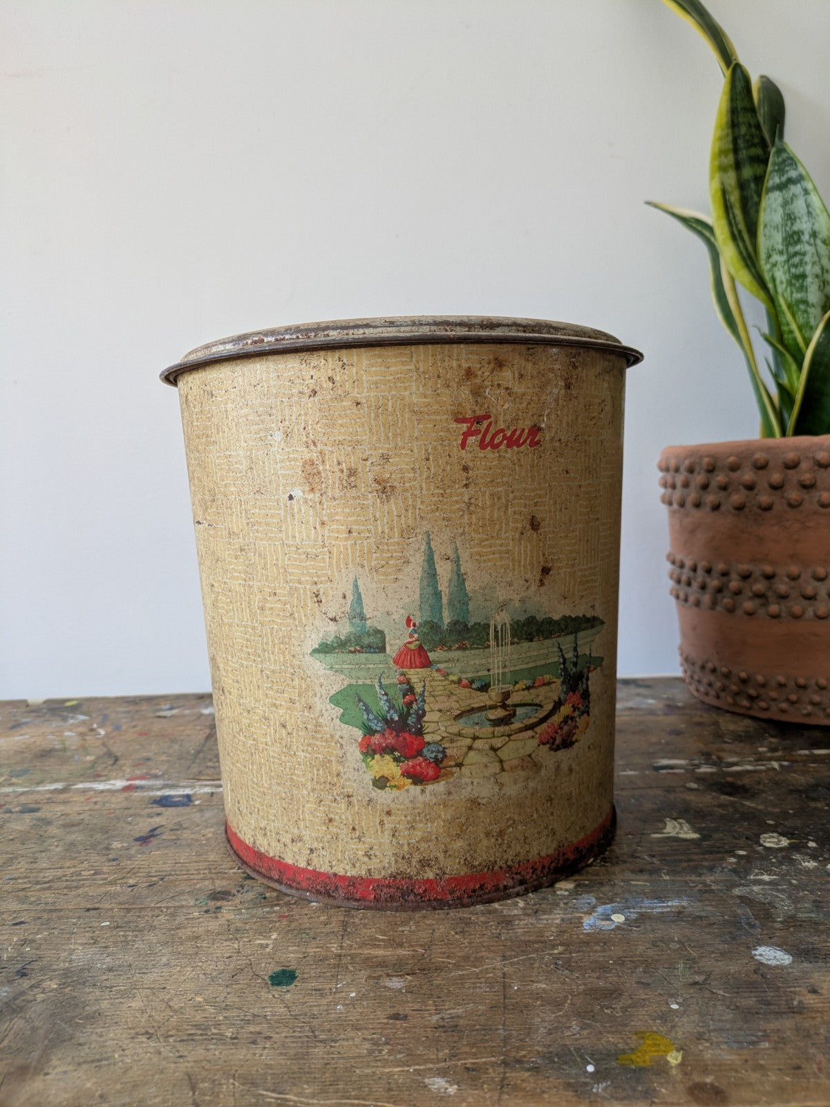 Vintage 1930s 40s Handiware Large Flour Storage Tin Canister Rare Prop Kitchen