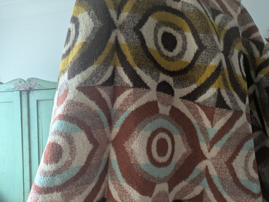 Vintage 100% Wool Blanket Throw Brown Abstract Retro 1960s 1970s Campervan