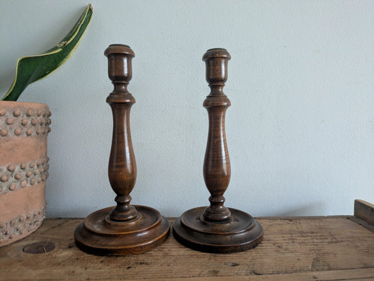 Vintage Antique Wood Candlestick Holders Pair Hand Turned Candle Victorian 24cmH