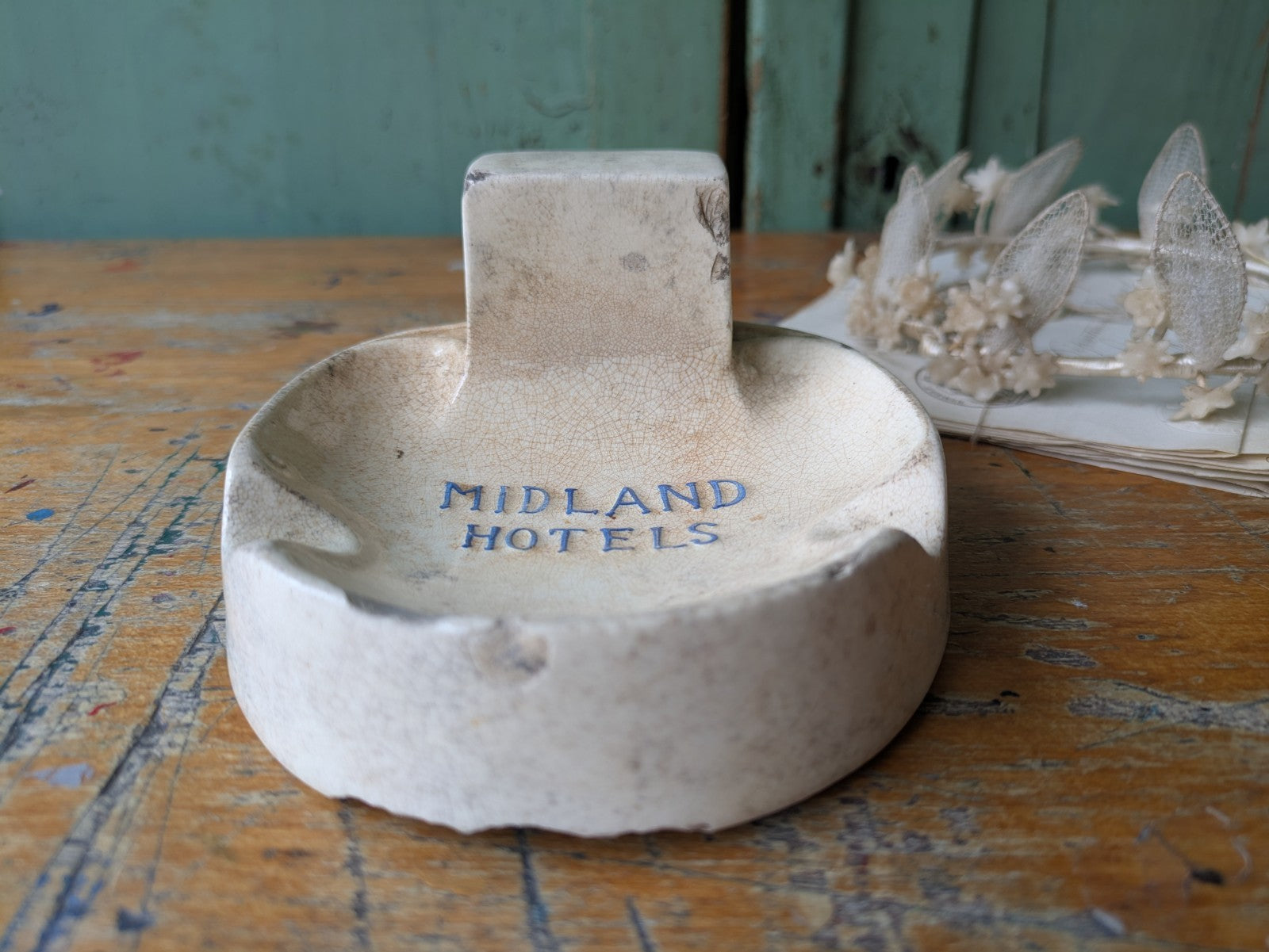 Antique Midland Hotels Ironstone Match Striker Ashtray Crazed Advertising Rare 