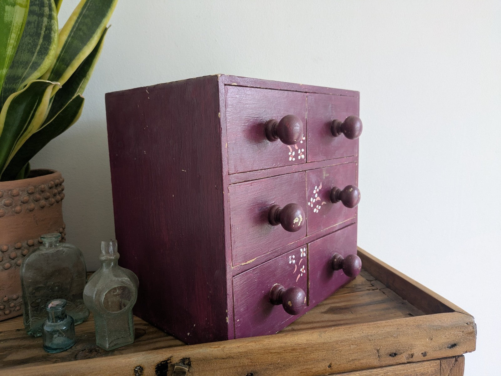 VTG Painted Drawer Office Craft Drawers Table Desk Top Index Work Sewing Purple
