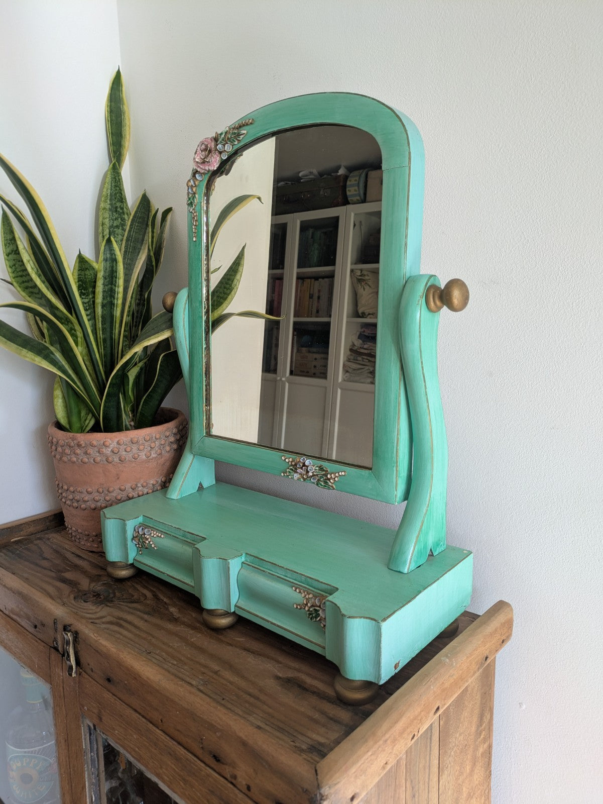 Antique Victorian Edwardian Wood Table Vanity Mirror Drawers Turquoise Floral Vg