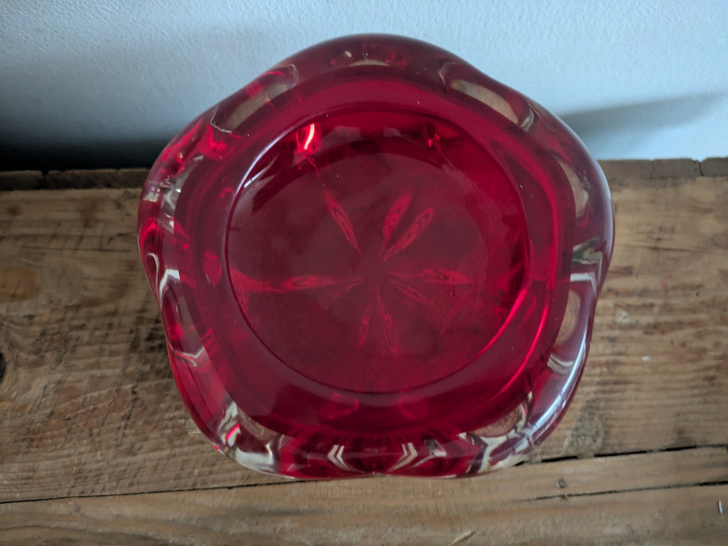 Whitefriars Ruby 5 Lobed Dish PatNo.9408 Flower Shape Cased Red Bowl Vtg Retro