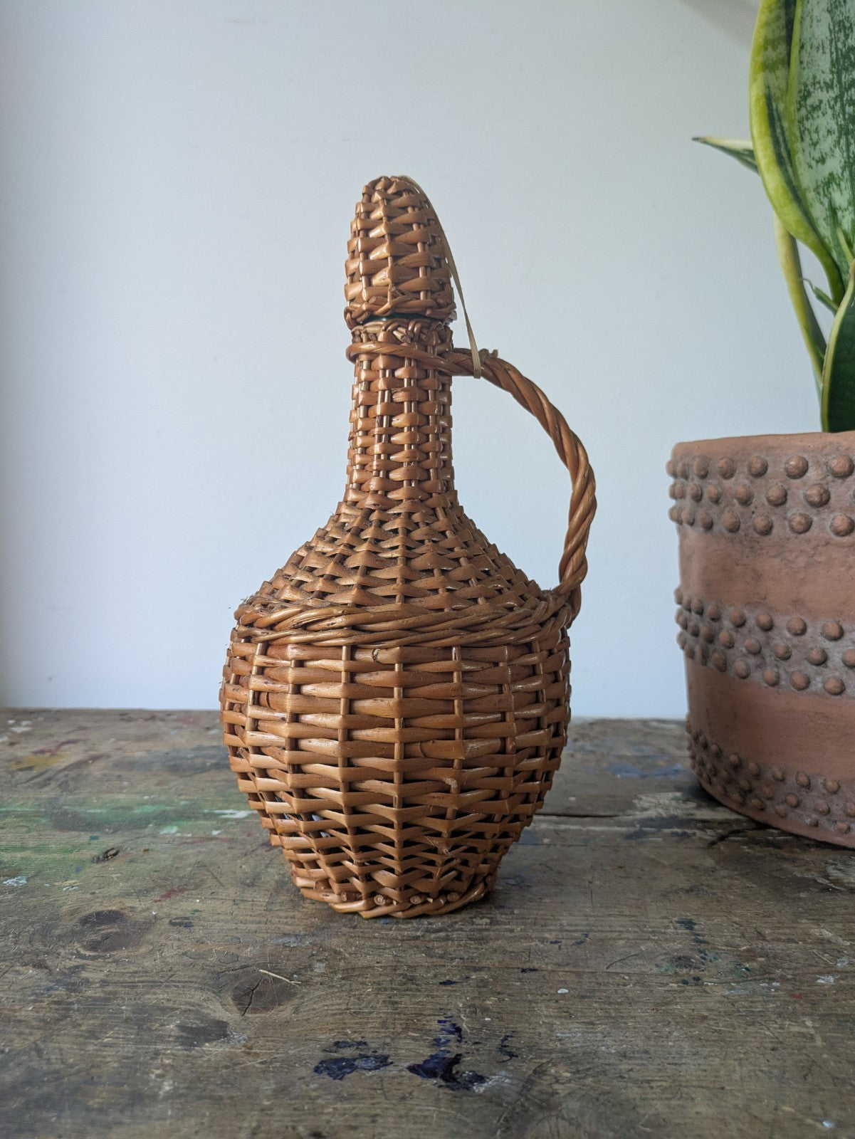 Vintage French Glass Demijohn Wine Bottle Wicker Rattan Green Glass Prop Decor 