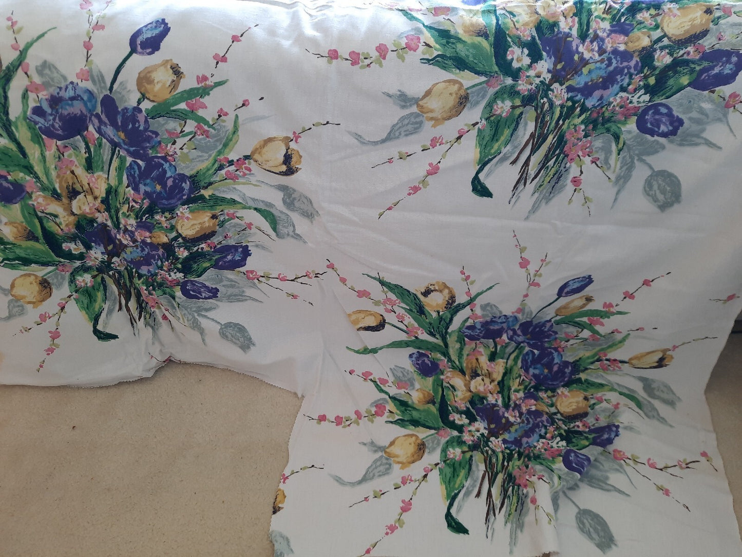 100% Cotton French Interior Fabric Bouquet Vintage White Floral 2.1m Tulips Rare
