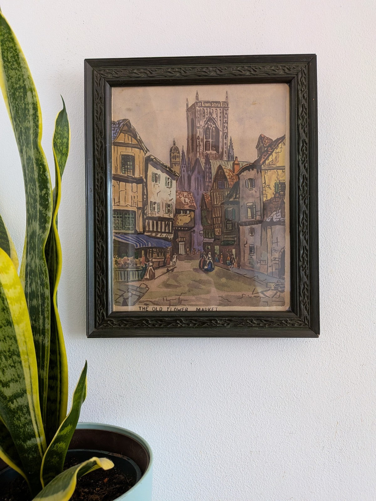 Antique Artist Signed Watercolour Old Flower Market Ornate Frame Green Original 