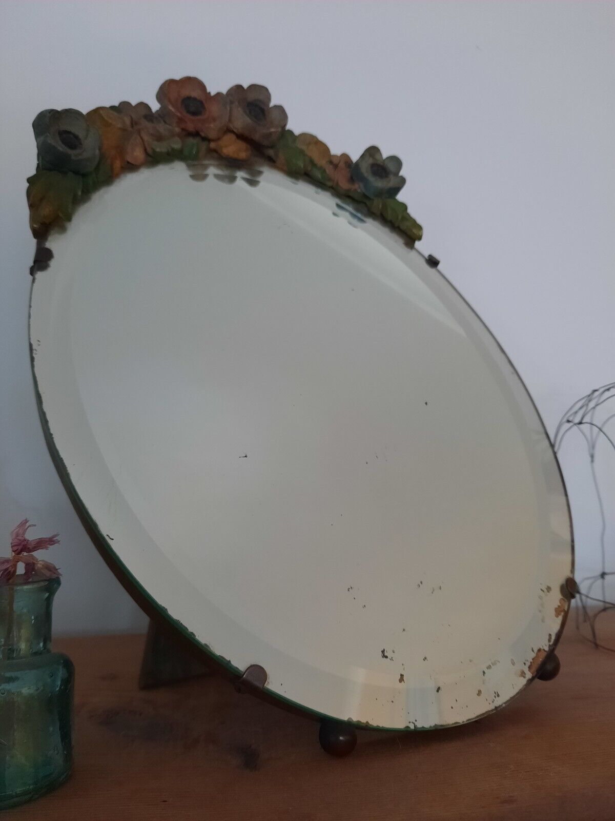 Vintage Barbola Mirror Circa 1920s 1930s art deco floral antique oval bevel edge