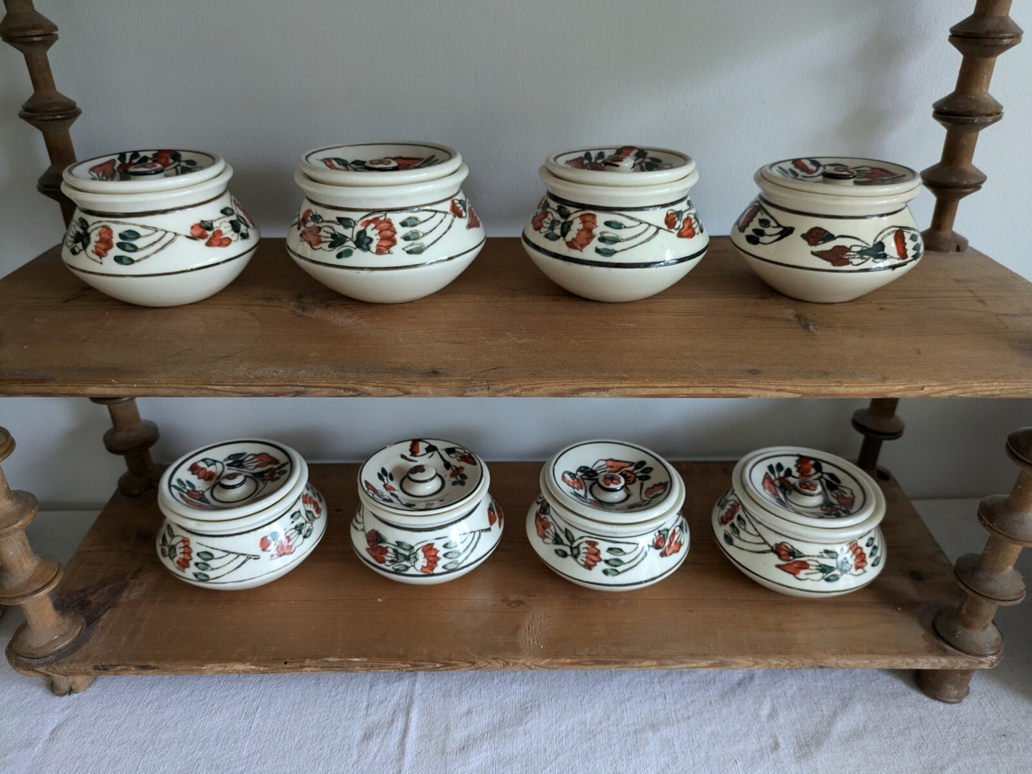 8 x Vintage Boho Ceramic spice Jars with  Lids Patterned Pots Candle Holders Vgc