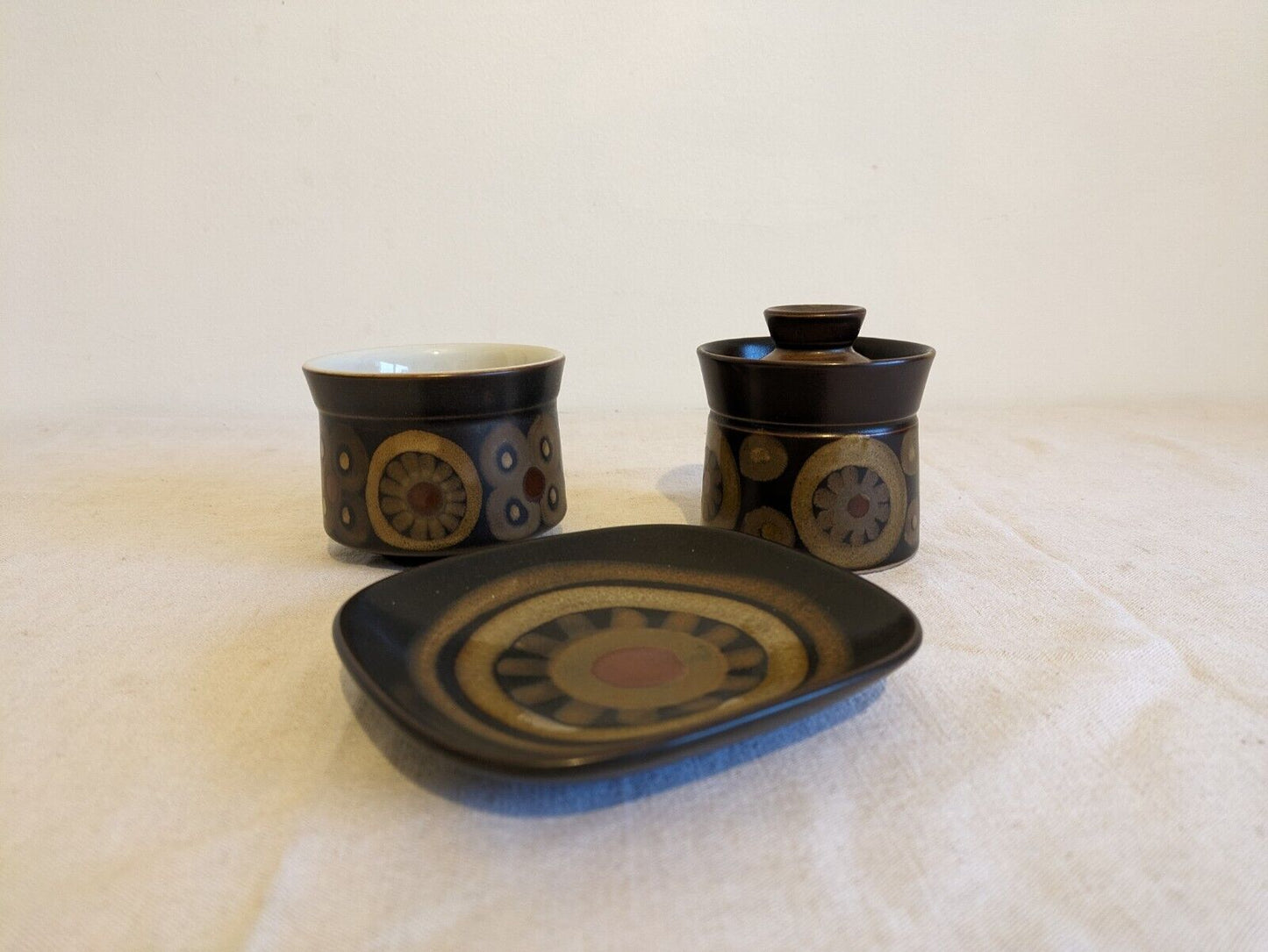 3 PIECE DENBY ARABESQUE 70s TEA BAG DISH SUGAR BOWL JAM 60S SMARKAND POTTERY VGC
