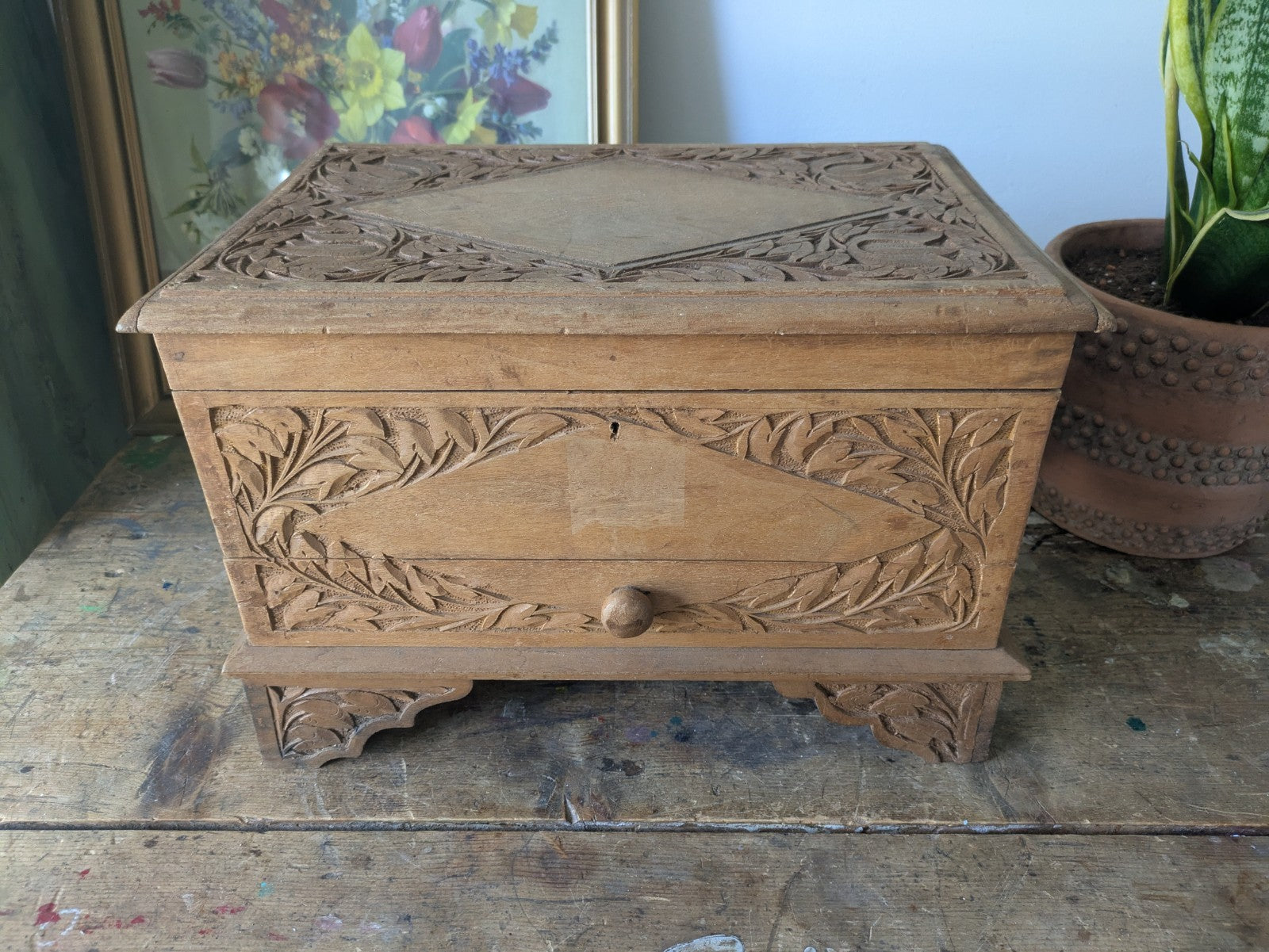 Vintage Hand Carved Indian Wooden Storage Cabinet Chest Trunk Mango Wood Box Sml
