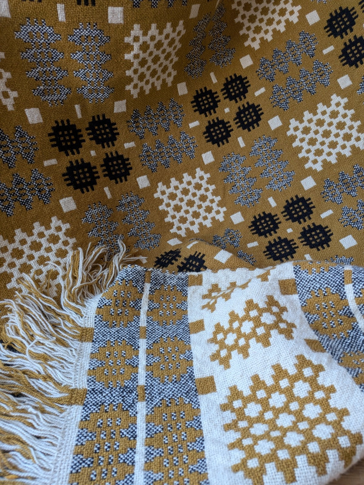 Rare VTG Welsh Wool Blanket Tapestry Black White Reversible Throw Mustard Yellow