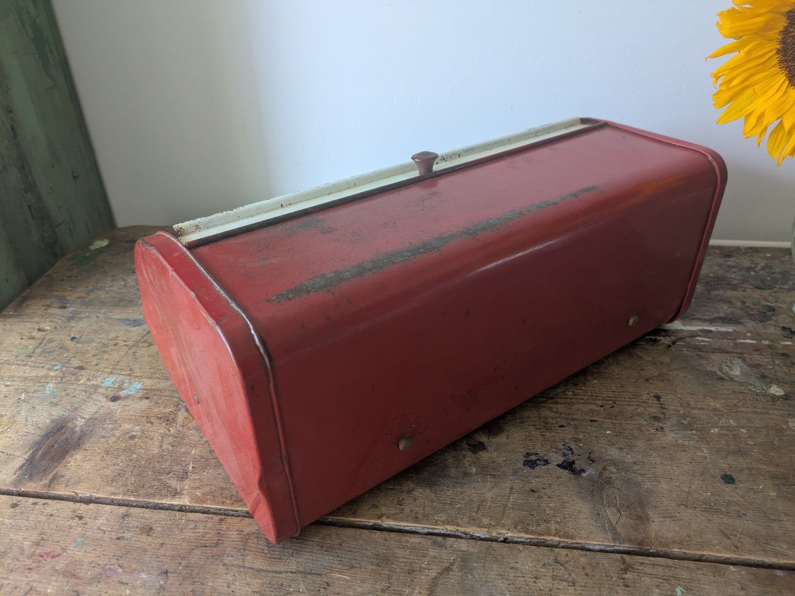 Vintage Red Cream Bread Bin Roll Top Metal Kitchen Storage Retro England Prop