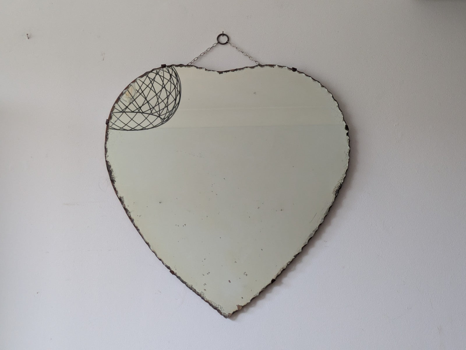 Large Antique Vintage Art Deco 1930s Heart Shaped Scalloped Mirror With Chain