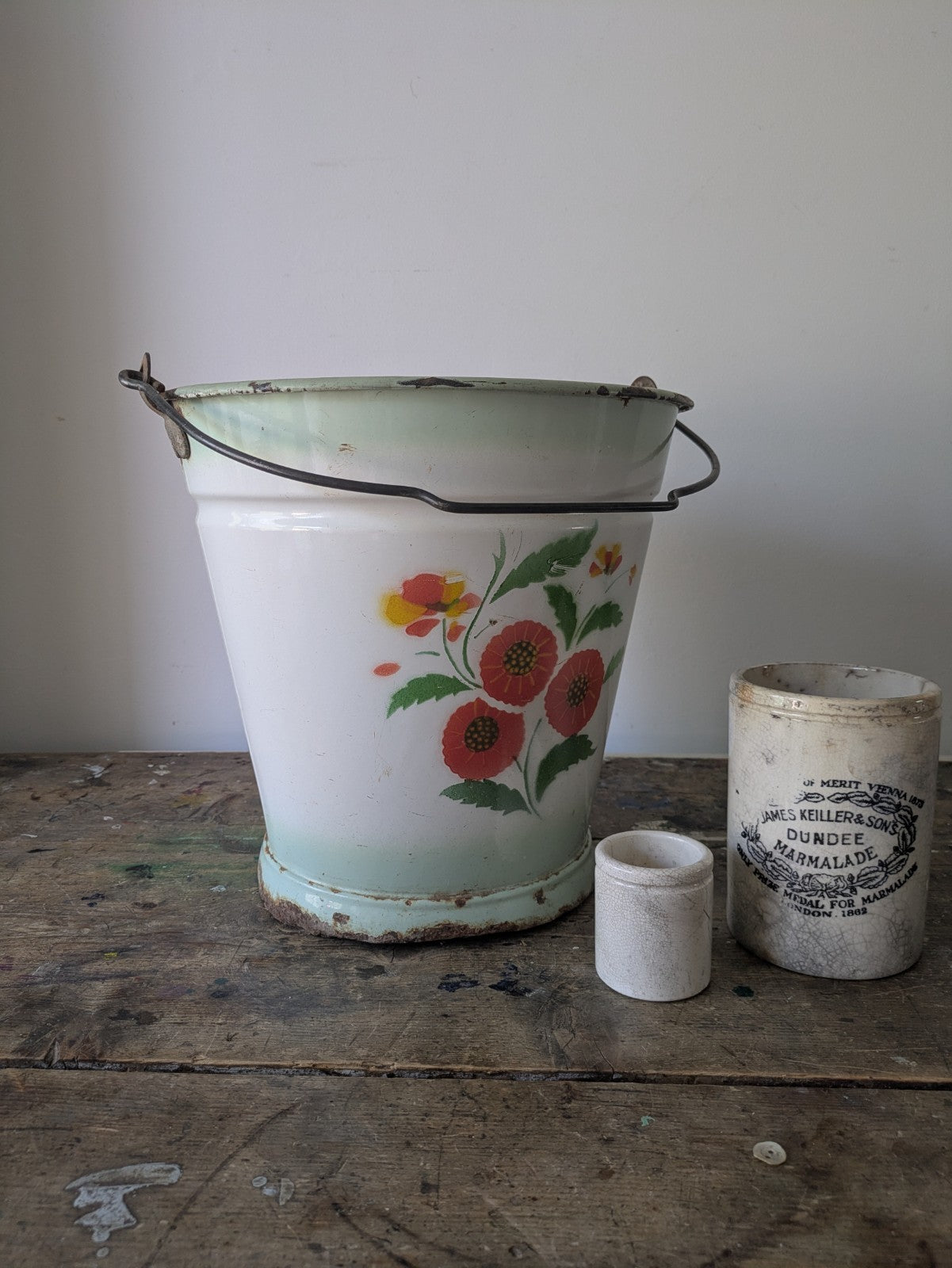 Antique White Enamel Floral Hungarian Bucket Prop Vintage Pail Garden Laundry Vg