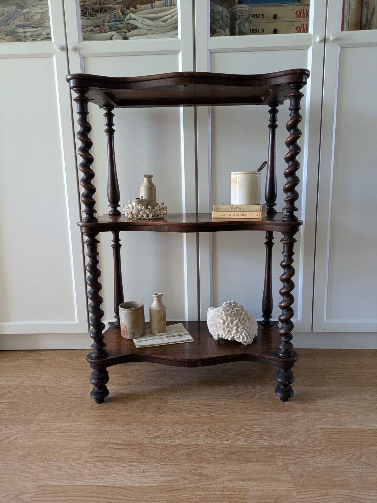 Antique Victorian Whatnot Mahogany Shelves Barley Twist Turned Legs Bookcase 