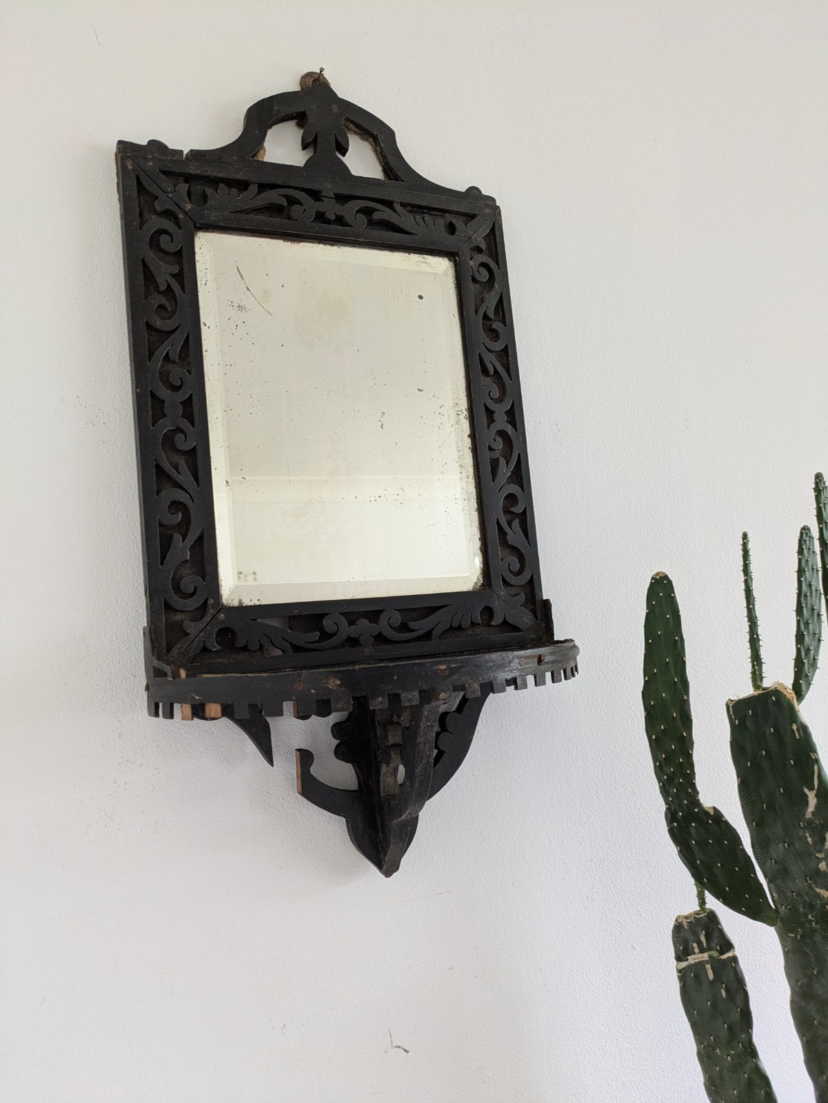 Antique 19th Cent Victorian Ebonised Wood Wall Sconce Mirror Glass Candle Shelf