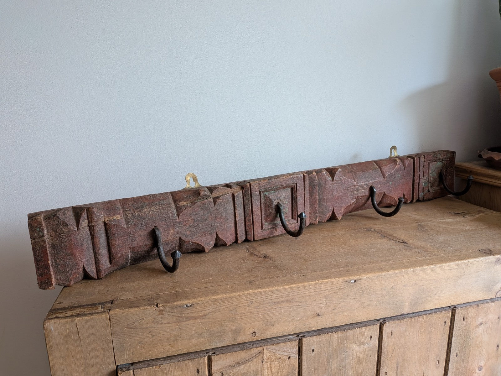 Antique Indian Painted Teak Wood Coat Hook Panel Salvaged Iron Hooks Vintage Vgc