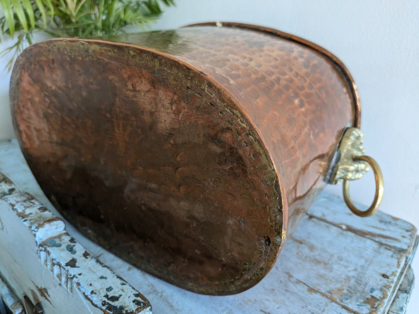 XL Antique Hammered Copper Pot Roll Edge Dovetail Seam Brass Lion Planter Bucket