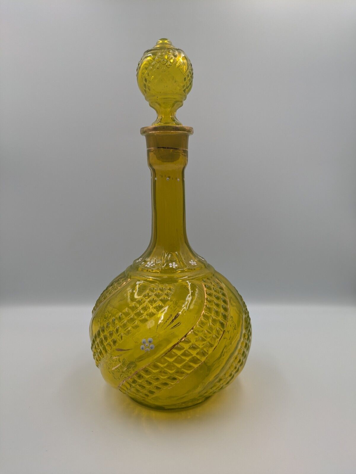 Vintage Yellow Vaseline 1920s 30s Glass Decanter Hand Painted Gold Rare Stopper