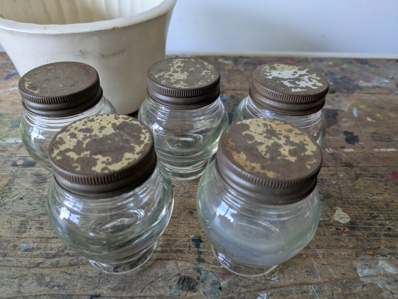 5x Rare Antique Bulb Thick Glass Round Shaped Bakers Cabinet Spice Jars Set VTG