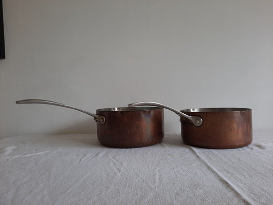2x Large Antique Copper Sauce Pan Chef Handle Old Cooking Vintage Pair Set Tin