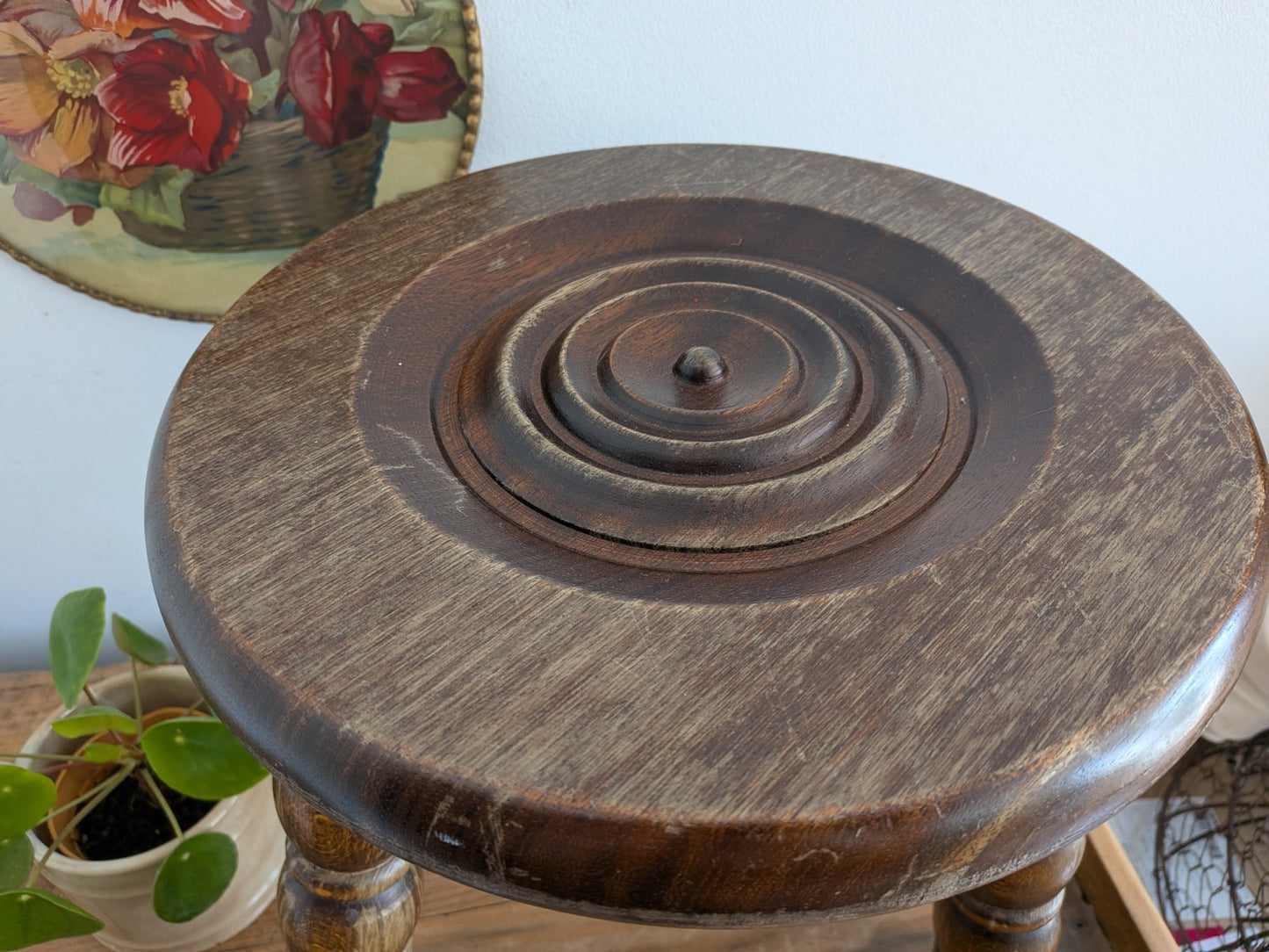 Antique Vintage French Oak Bulls Eye Round Rustic Milking Stool Plant Stand Vgc
