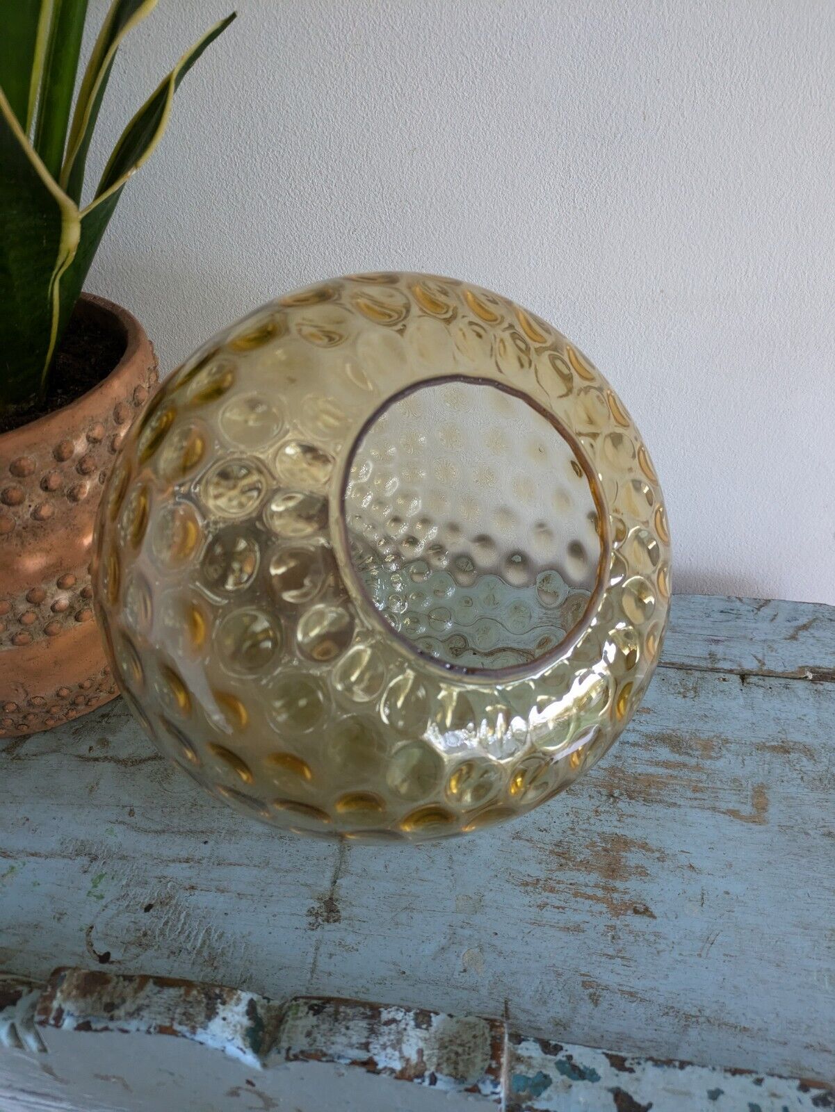 VTG AMBER GLASS CEILING PENDANT LIGHT SHADE HONEY COMB TEAK GLOBE MID CENTURY VG