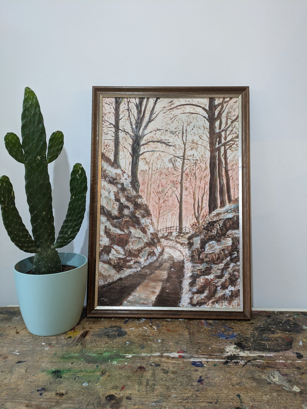 Vtg Painting Wood T Morris Forrest Winter Road Trees Country Picture Landscape